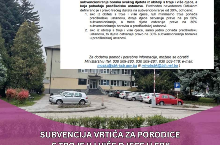 Porodice s troje ili više djece u SBK ostvaruju benefite prilikom upisa djece u vrtić