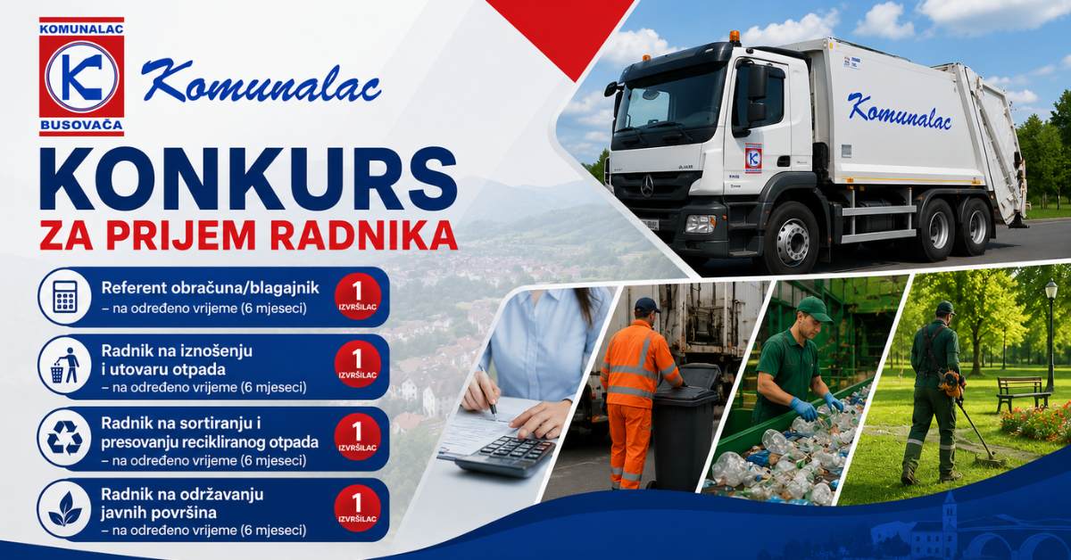 JKP „Komunalac“ d.o.o. Busovača raspisuje konkurs za prijem više radnika